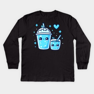 Cute Blue Boba Tea Drink in Kawaii Style with a Heart | Kawaii Food Art Lover Kids Long Sleeve T-Shirt